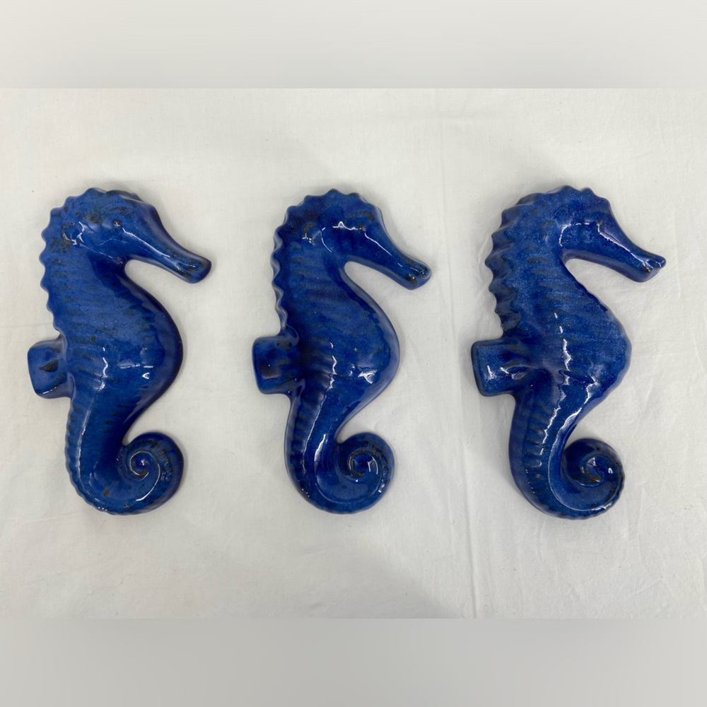 Seahorses Glazed Terracotta Pottery Cobalt Blue 8”‎ Tall